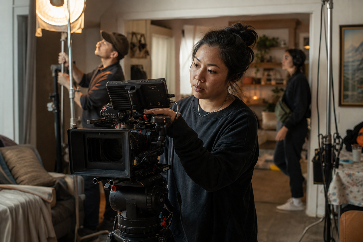 A filmmaker checking the monitor on a cinema camera while a small crew lights an indoor set