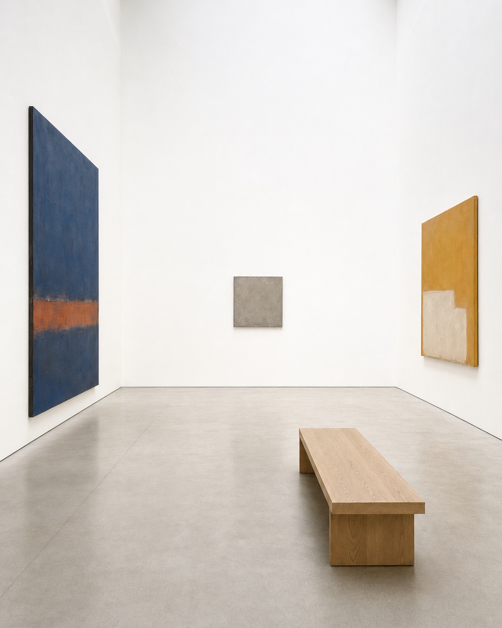 A white gallery room with three abstract paintings on the walls and a wooden bench