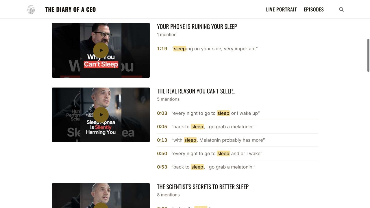 An episode on a Podspun website: a man speaking, titled Why You Can't Sleep