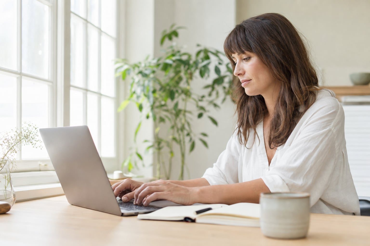 A writer at a desk by a window, typing on a laptop beside an open notebook
