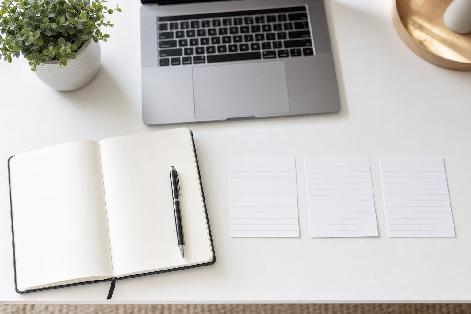 A desk seen from above with an open notebook, a pen, index cards and a laptop