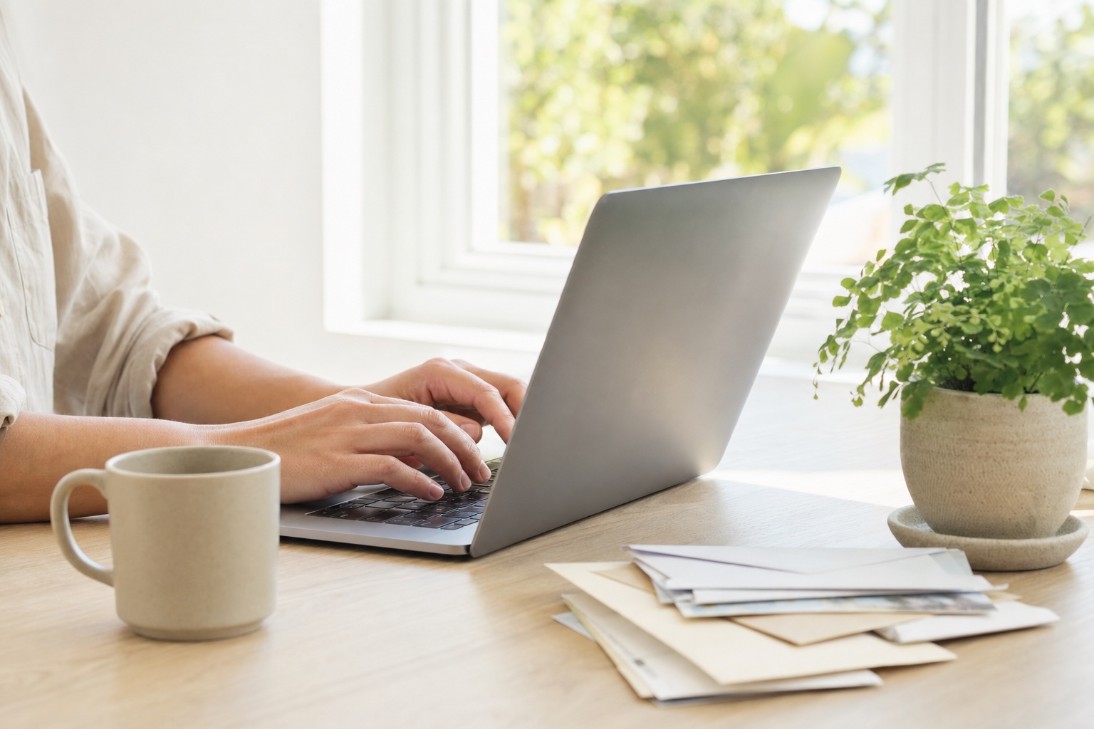 A person typing on a laptop at a desk by a window, beside a mug and a stack of letters
