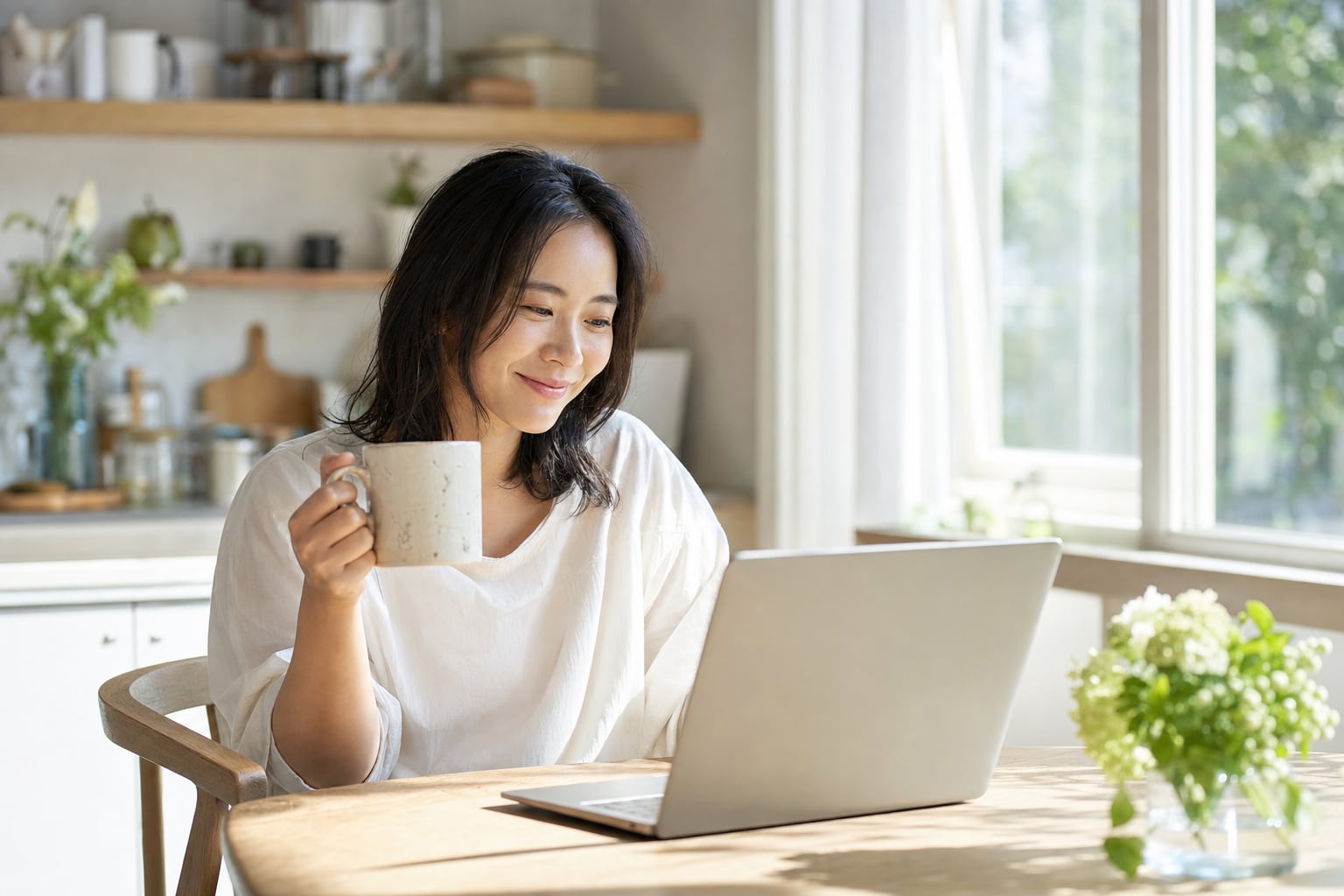 A person at a kitchen table reading on a laptop with a mug in one hand