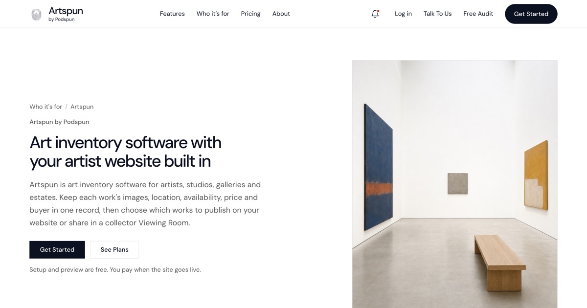 The Artspun page on podspun.com, art inventory software with an artist website built in